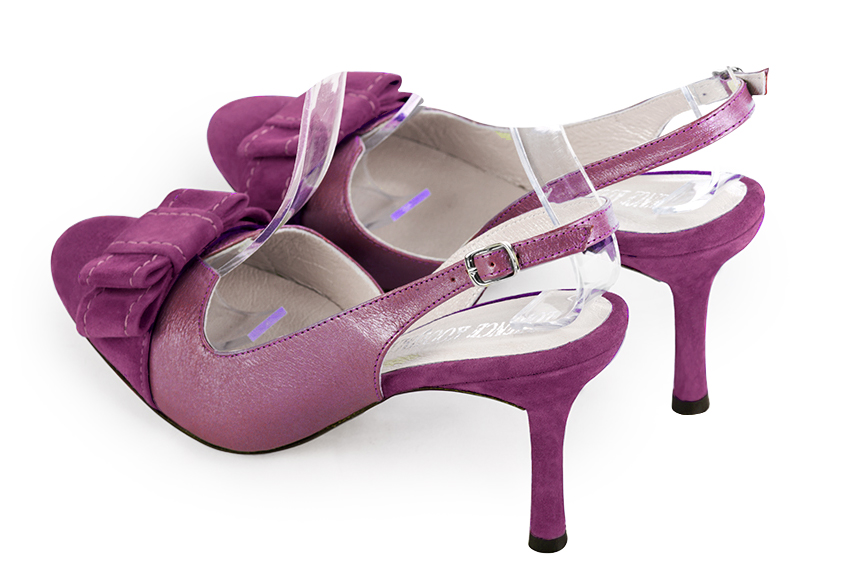 Mulberry purple women's open back shoes, with a knot. Round toe. High slim heel. Rear view - Florence KOOIJMAN